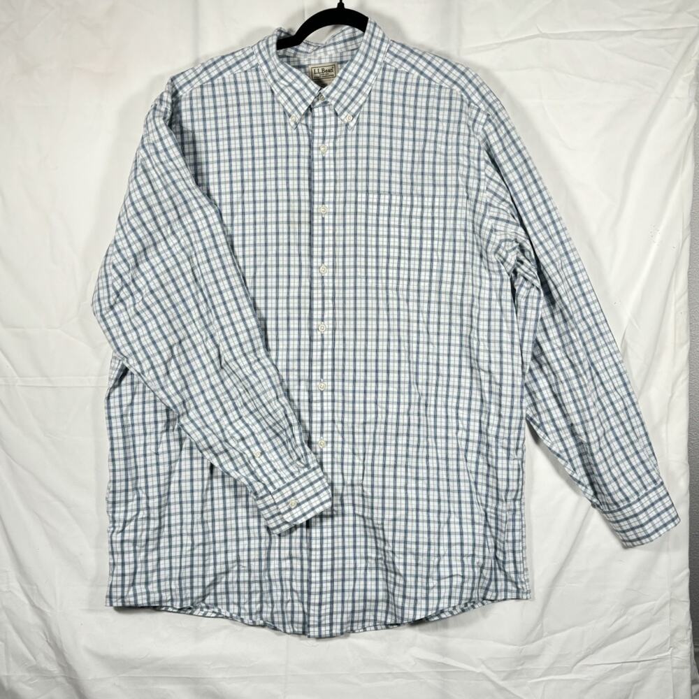 Men's L.L. Bean Cotton XL-TALL Blue White Checkered Long Sleeve Button Up Shirt